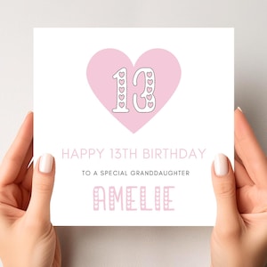 Carte personnalisée de 13e anniversaire pour petite-fille, nièce, cousine pour elle, cadeau d'anniversaire pour fille, carte coeur rose, cartes de visite pour adolescent
