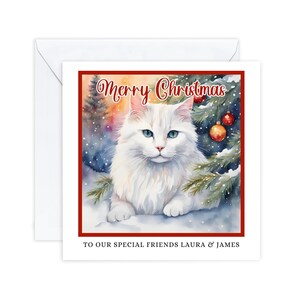 Cartes de Noël personnalisées, cartes de Noël de chat blanc, pour des amis, pour maman et papa, amoureux des chats, Noël de chat mignon