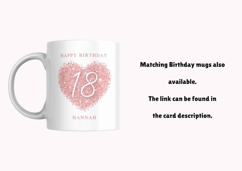 Może przedstawiać: Biały kubek ceramiczny z wzorem r&oacute;żowego serca z brokatem i tekstem "HAPPY BIRTHDAY 18 HANNAH".