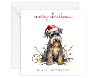 Può includere: Un biglietto di Natale con un cane schnauzer nero e grigio che indossa un cappello rosso di Babbo Natale ed è impigliato nelle luci di Natale. Il biglietto recita "buon natale" e "a una sorella speciale Lucy".