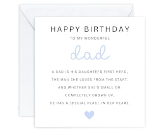 May include: A white card with a blue heart and the text "HAPPY BIRTHDAY TO MY WONDERFUL dad A DAD IS HIS DAUGHTERS FIRST HERO, THE MAN SHE LOVES FROM THE START. AND WHETHER SHE'S SMALL OR COMPLETELY GROWN UP, HE HAS A SPECIAL PLACE IN HER HEART."