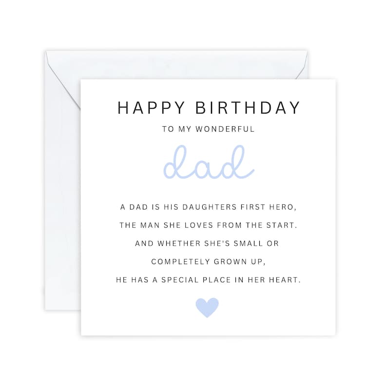 May include: A white card with a blue heart and the text "HAPPY BIRTHDAY TO MY WONDERFUL dad A DAD IS HIS DAUGHTERS FIRST HERO, THE MAN SHE LOVES FROM THE START. AND WHETHER SHE'S SMALL OR COMPLETELY GROWN UP, HE HAS A SPECIAL PLACE IN HER HEART."