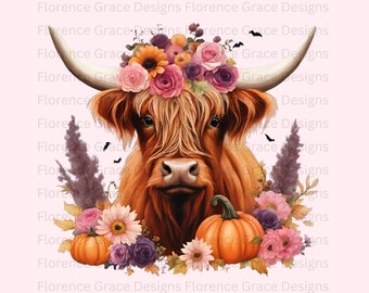 Halloween Highland Cow PNG, Autumn sublimation design, Fall PNG, Pumpkins, Spooky Pink Flower PNG, Watercolor Sublimation, Instant download