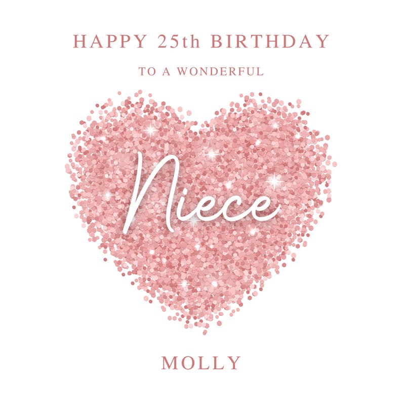 Może przedstawiać: R&oacute;żowe serce z brokatem z napisem "Niece" napisanym białym pismem. Tekst "Happy 25th Birthday to a Wonderful Molly" jest napisany nad sercem.