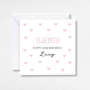 Carte personnalisée 20e anniversaire pour elle, coeurs, 20e carte pour soeur amie tante 20e anniversaire cadeau carte de visite rose