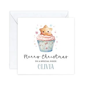 Carte de Noël personnalisée nièce, pour petite fille, carte de visite, jolies cartes pour nièces, cupcake, cartes de Noël Royaume-Uni, prénom personnalisé fait main pour tout-petit