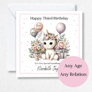 Cartes personnalisées de premier anniversaire, pour arrière-petite-fille, fille, nièce, cousine, jolie carte cadeau licorne 1er 2 3e 4e 5e 6e