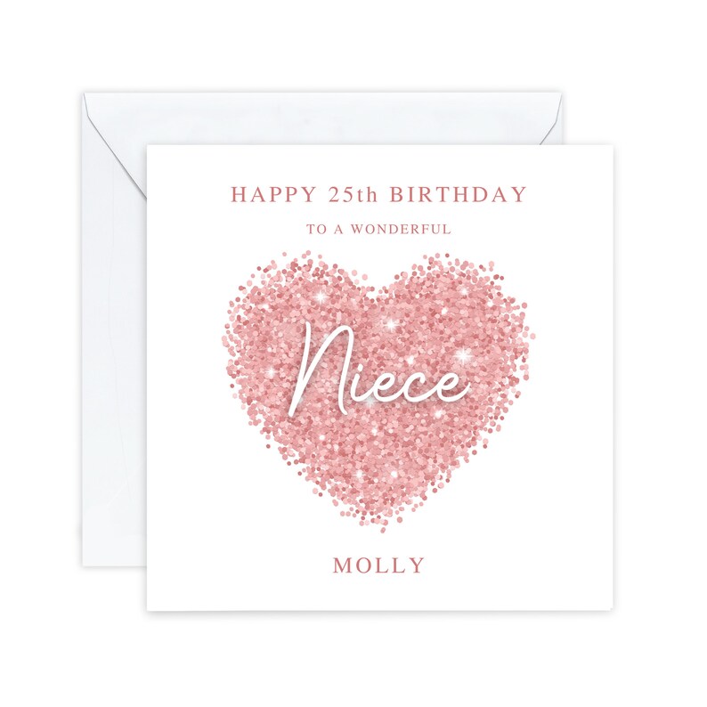 Może przedstawiać: R&oacute;żowe serduszko z brokatu z napisem "Niece" napisanym białym pismem. Tekst "Happy 25th Birthday to a Wonderful Molly" jest napisany nad serduszkiem.
