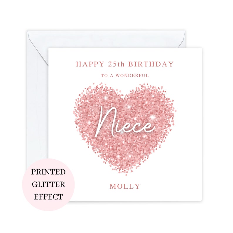 Może przedstawiać: Kartka z r&oacute;żowym sercem z brokatem, na kt&oacute;rym napisano &bdquo;Niece&rdquo; białym pismem. Tekst &bdquo;Happy 25th Birthday to a Wonderful&rdquo; znajduje się nad sercem, a imię &bdquo;Molly&rdquo; pod sercem. Kartka ma efekt brokatu.