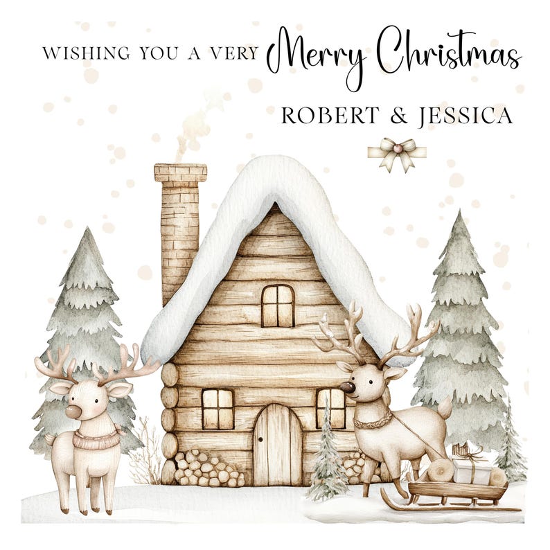 K&ouml;nnte beinhalten: Aquarell-Weihnachtskarte mit einer gem&uuml;tlichen H&uuml;tte, schneebedecktem Dach und zwei Rentieren, die einen Schlitten ziehen. Die Karte enth&auml;lt den Text "Wishing you a very Merry Christmas" und die Namen "ROBERT & JESSICA". Winterliches Thema.
