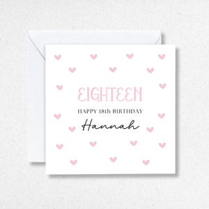 Carte d'anniversaire personnalisée pour elle, coeurs, 18e anniversaire pour sœur, amie, tante, cadeau 18e anniversaire, carte de visite rose