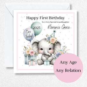 Cartes personnalisées de premier anniversaire, pour arrière-petite-fille, fille, nièce, cousine, éléphant mignon, cadeau 1er 2 3e 4e 4e 5e 6e