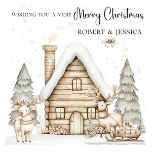 K&ouml;nnte beinhalten: Aquarell-Weihnachtskarte mit einer schneebedeckten H&uuml;tte, zwei Rentieren und einem Schlitten. Die Karte tr&auml;gt den Text "Wishing You a Very Merry Christmas" und die Namen "ROBERT & JESSICA".