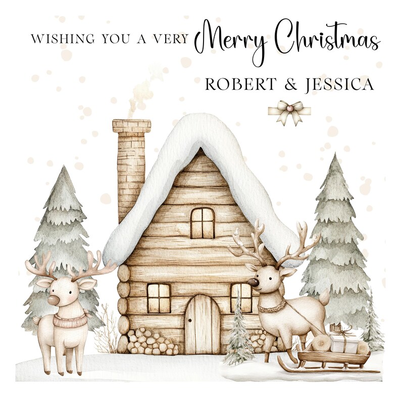 K&ouml;nnte beinhalten: Aquarell-Weihnachtskarte mit einer schneebedeckten H&uuml;tte, zwei Rentieren und einem Schlitten. Die Karte tr&auml;gt den Text "Wishing You a Very Merry Christmas" und die Namen "ROBERT & JESSICA".