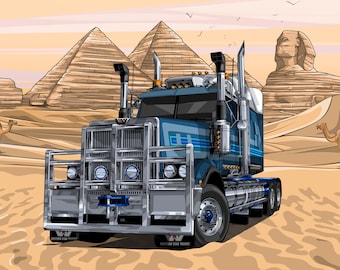 Customized truck trailers and heavy equipment fleets in cartoon form, ideal as gifts for truck enthusiasts, mining employees, and drivers.