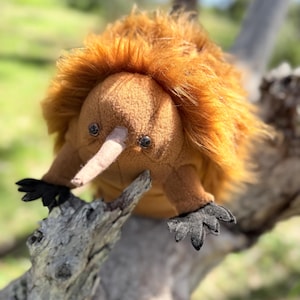 May include: A plush kiwi bird toy with brown and orange fur, a long beak, and black feet. The stuffed animal is perched on a tree branch against a blurred green background.