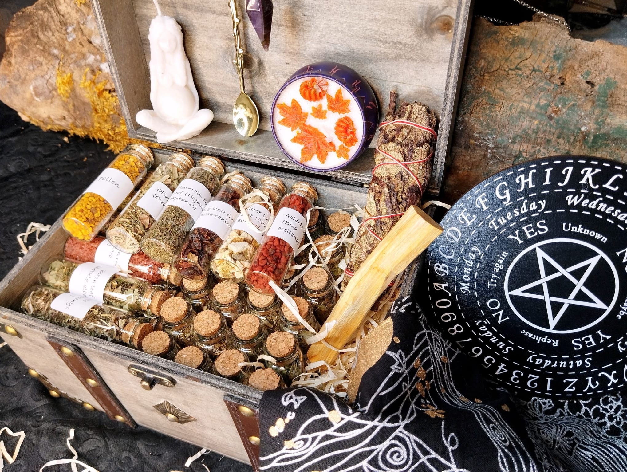  Witchcraft Supplies Kit for Witch Altar 54PCS - Spell Candles  Witches Crystals Jars Herbs Spells Beginner Box Starter : Home & Kitchen