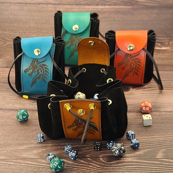 Leather dice bag, laser engraved leather drawstring dice bag with dragon head design for tabletop role playing games, dnd ttrpg gaming,