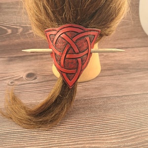 leather hair slide, hand carved leather stick barrette with celtic viking knotwork triqetra