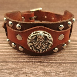 Leather cuff bracelet with octopus concho, nautical themed pirate cosplay cuff bracelet