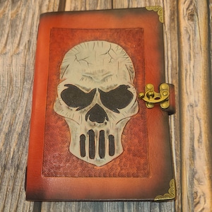 Leather traveler&#39;s style refillable journal, hand carved, hand tooled leather journal with skulll design, gift for writer artist, diary