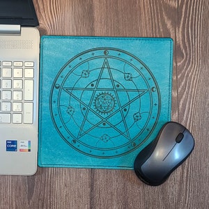 Leather mouse pad, laser engraved mouse pad with tabletop TTRPG inspired magic circle and D20 dice design for computer, laptop  and desktop
