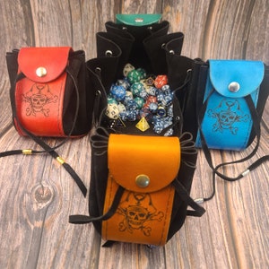 Dice bag, laser engraved leather drawstring dice bag with pirate skull and crossbones, for board games, dice games and tabletop rpg, ttrpg