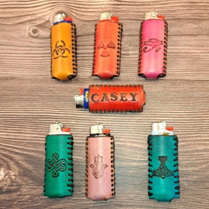 Custom leather lighter case for Bic lighters, hand stamped, personalized lighter sleeve