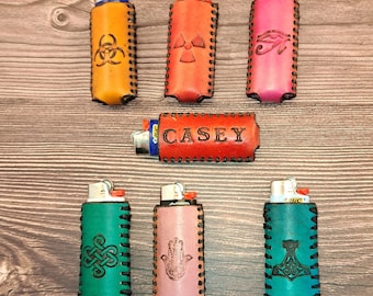 Custom leather lighter case for Bic lighters, hand stamped, personalized lighter sleeve