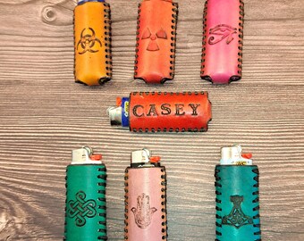 Custom leather lighter case for Bic lighters, hand stamped, personalized lighter sleeve