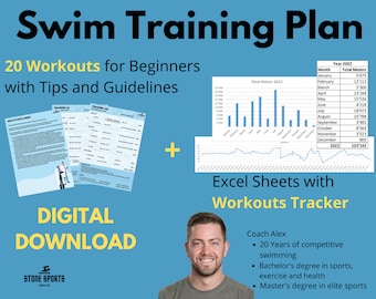 May include: A digital download for a swim training plan for beginners. The plan includes 20 workouts with tips and guidelines. It also includes Excel sheets with a workout tracker. A photo of a coach is included with his credentials. The text "Swim Training Plan" is at the top of the image.
