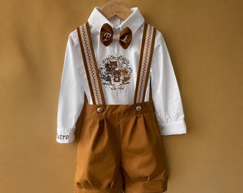 Personalized Baby boy set, Boys Custom Safari Animal Theme, Boys Birthday Monogrammed Shirt, Suspender shorts, Bow Tie, embroidery, baby set