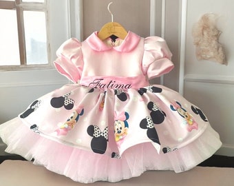 Pretty in Pink Minnie Mouse Tutu Dress, Personalized lining, Girl's Birthday Dress, Cotton Fabric personalized inner lining, birtday,