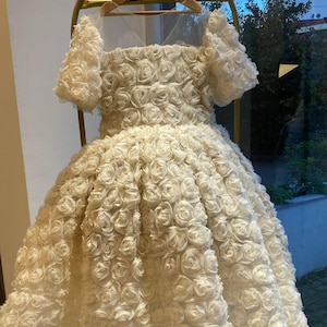 Luxury Ivory Flower Girl Dress, Handmade 3D Rose Applique Gown for Weddings, Birthdays Special Events - weeding girls dress - baptism dress
