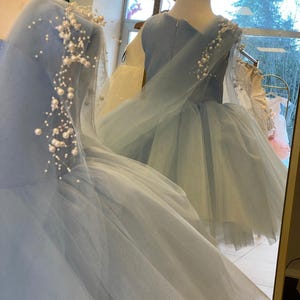 Luxury Blue Tulle Tutu Dress: Handmade Pearl Flower Girl Gown