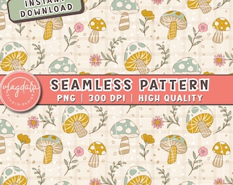Mushroom Floral Seamless Pattern, Cottagecore Fabric Design (Digital Download)