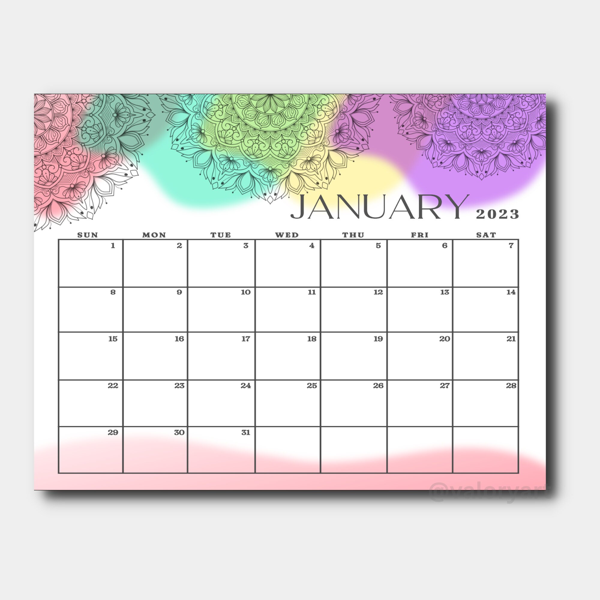 Mandala Calendar 2023 Printable Monthly Calendar Horizontal Etsy