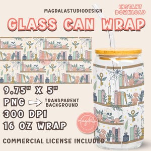 Bookish Cottagecore Glass Can Wrap: Bookshelf Design PNG (Digital Download 16oz Tumbler