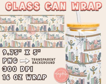 Envoltorio de vidrio para latas con estilo cottagecore literario: Diseño de estantería PNG (descarga digital) Vaso de 16 oz