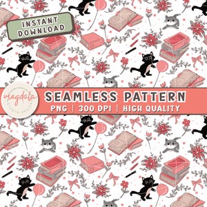 Bookish Cats 300 DPI PNG Instant Download Digital Papers Fabric Surface Design Cats Books File Book Lover Digital Seamless Pattern