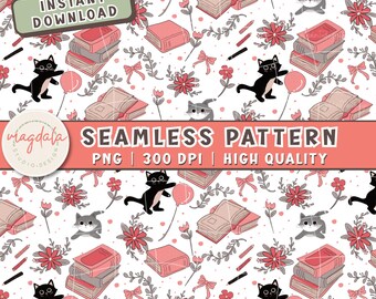 Bookish Cats Seamless Pattern: Whimsical Fabric Design (Digital Download)