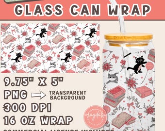 Bookish Cat Glass Can Wrap: Girly Book Lover Design (PNG Digital File)
