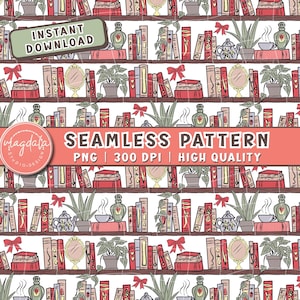 Bookish Bookshelf Book Plant Lover Seamless Pattern PNG Coquette 300 DPI Digital Paper Download