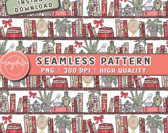 Bookish Bookshelf Book Plant Lover Seamless Pattern PNG Coquette 300 DPI Digital Paper Download
