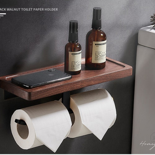 Wooden Toilet Paper Holder With Phone Shelf Wall Mount Etsy