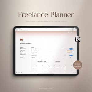 May include: A screenshot of a tablet displaying a Notion template for a freelance business planner. The template includes a calendar, navigation menu, and agenda section. The text "Business Planner" is displayed at the top of the screen. The Notion logo is in the top right corner of the screen.