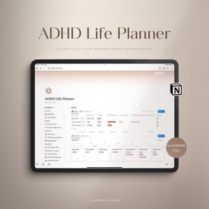 May include: A screenshot of a digital planner app on a tablet. The app is called "ADHD Life Planner" and is a Notion template. The app has a calendar, agenda, and navigation menu. The app is designed to help people with ADHD manage their time and tasks.
