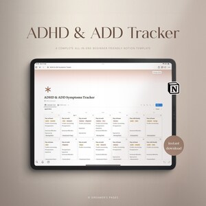Puede incluir: Una pantalla digital que muestra una plantilla de Notion para rastrear los s&iacute;ntomas del TDAH y el TDA. La plantilla utiliza una vista de calendario para rastrear los s&iacute;ntomas diariamente, con categor&iacute;as como "Dificultad para concentrarse", "Dificultades emocionales" y "Humor matutino". La plantilla se titula "Rastreador de s&iacute;ntomas del TDAH y el TDA" y est&aacute; etiquetada como una "Plantilla de Notion completa todo en uno, amigable para principiantes".