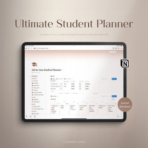Könnte beinhalten: Ein Screenshot eines Tablets, auf dem eine Notion-Vorlage für einen All-in-One-Studentenplaner angezeigt wird. Die Vorlage enthält Abschnitte für Navigation, Agenda, Kalender und mehr. Der Text "Ultimate Student Planner" wird oben auf dem Bildschirm angezeigt. Das Notion-Logo ist in der oberen rechten Ecke sichtbar.