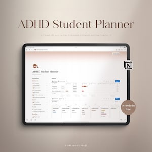 Pode incluir: Uma captura de tela de um modelo Notion para um planejador de estudantes com TDAH. O modelo inclui seções para navegação, agenda, calendário e muito mais. O modelo foi projetado para ajudar os estudantes com TDAH a se manterem organizados e no caminho certo.